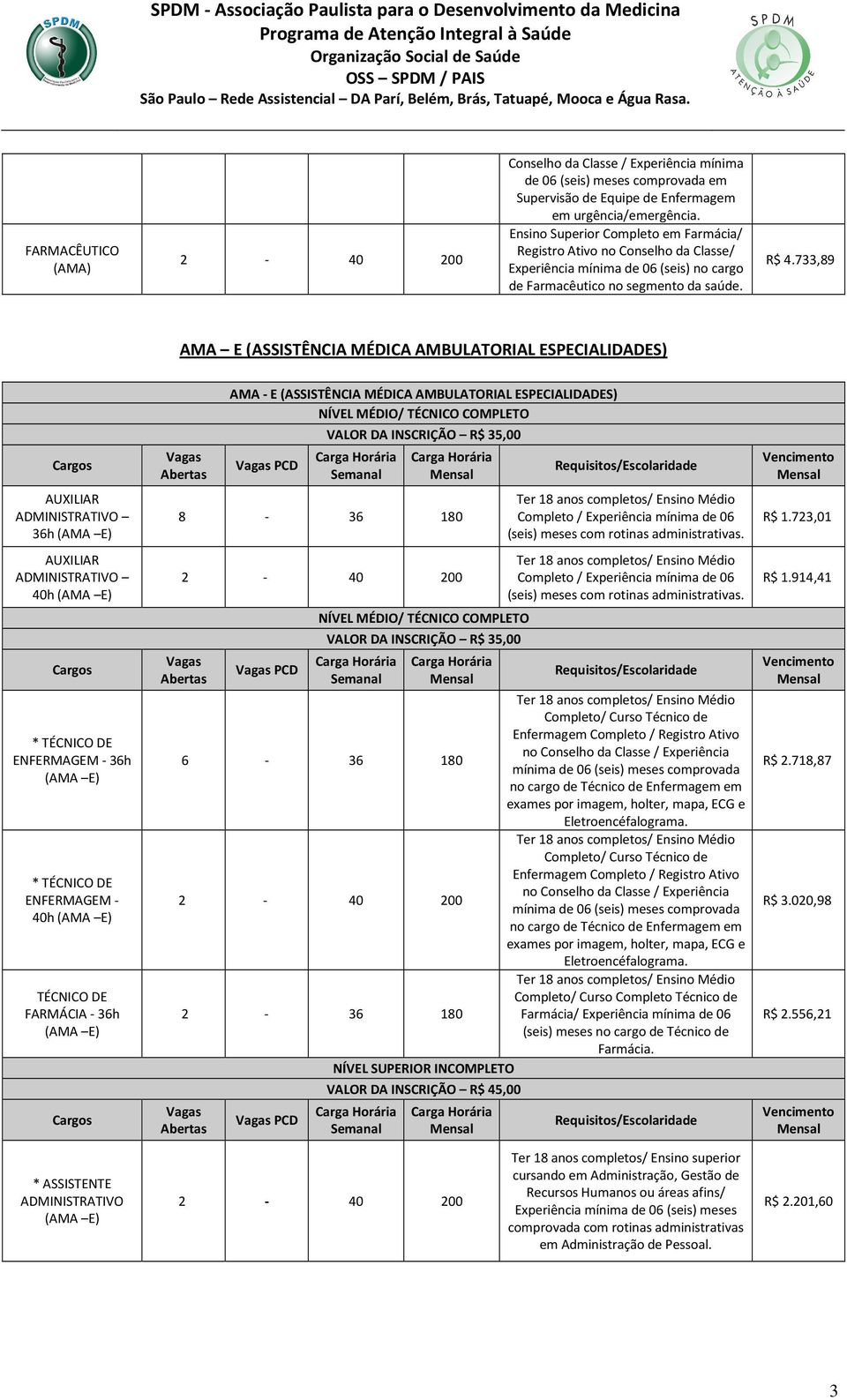 733,89 AMA E (ASSISTÊNCIA MÉDICA AMBULATORIAL ESPECIALIDADES) Cargos AUXILIAR ADMINISTRATIVO 36h (AMA E) AUXILIAR ADMINISTRATIVO 40h (AMA E) Cargos * TÉCNICO DE ENFERMAGEM - 36h (AMA E) * TÉCNICO DE