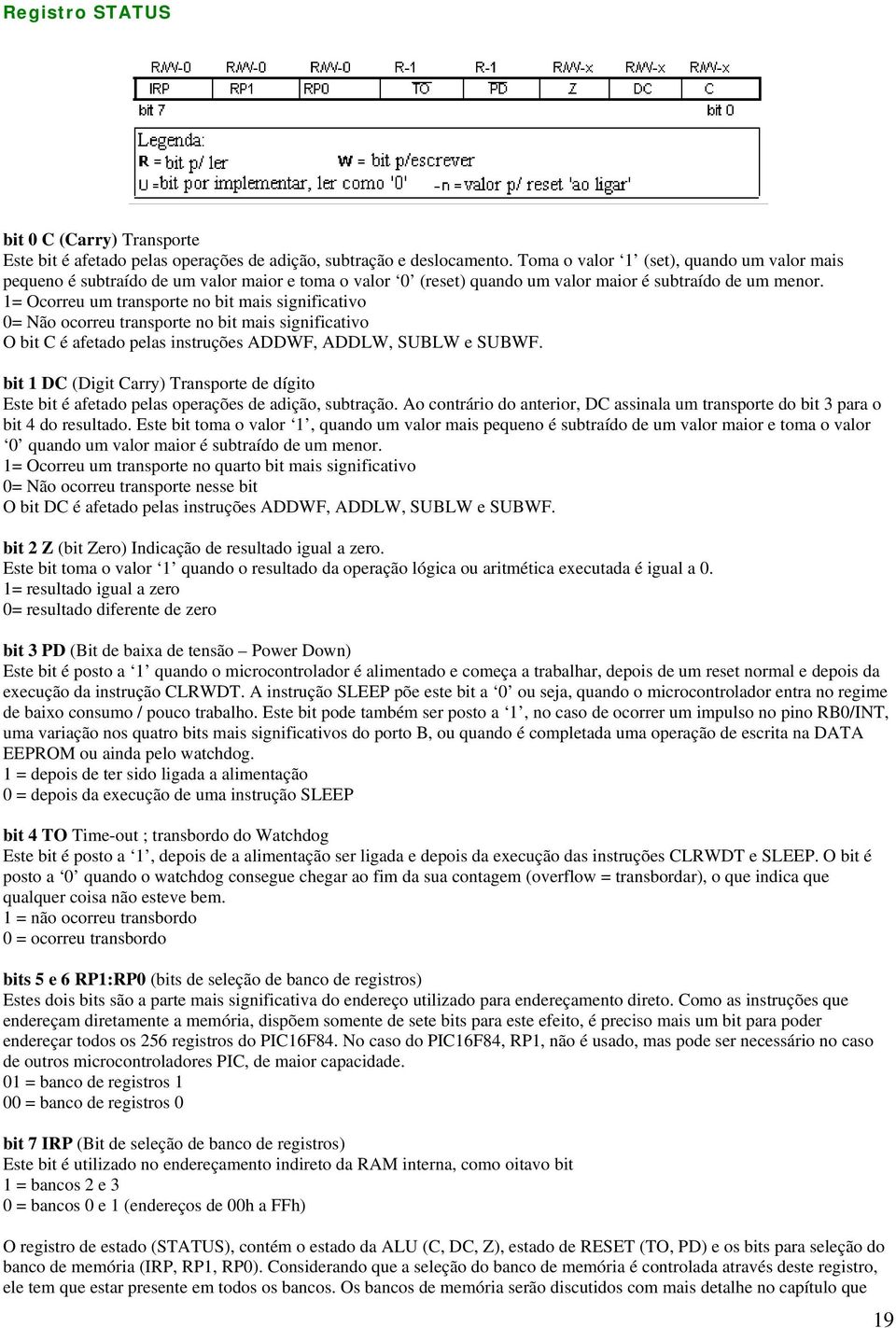 1= Ocorreu um transporte no bit mais significativo 0= Não ocorreu transporte no bit mais significativo O bit C é afetado pelas instruções ADDWF, ADDLW, SUBLW e SUBWF.