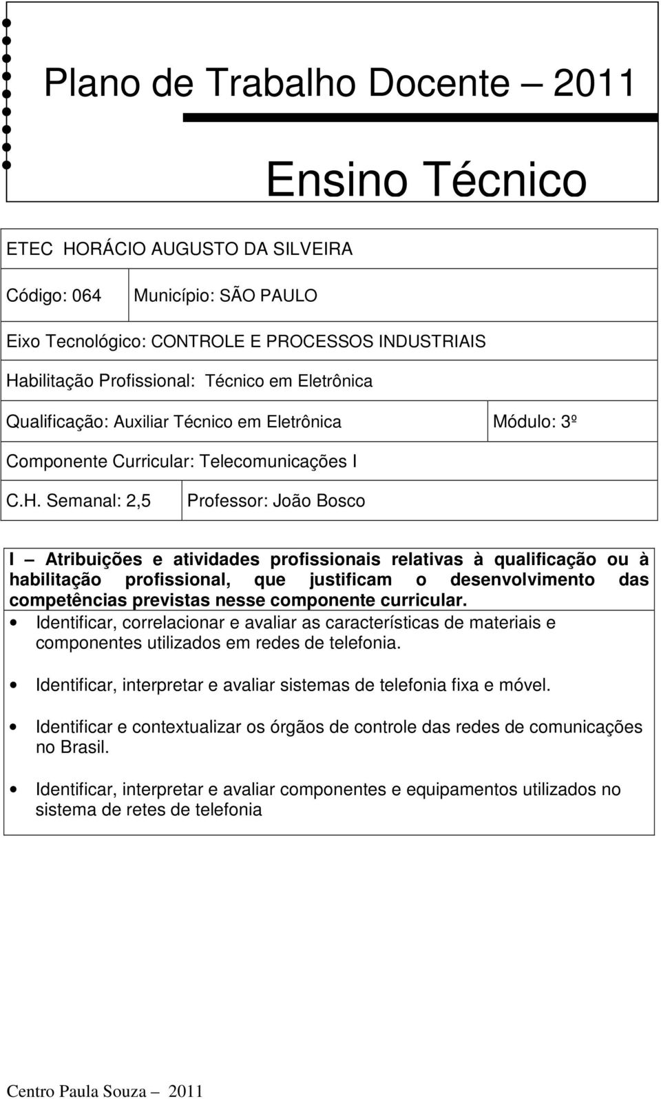 Semanal: 2,5 Professor: João Bosco I Atribuições e atividades profissionais relativas à qualificação ou à habilitação profissional, que justificam o desenvolvimento das competências previstas nesse