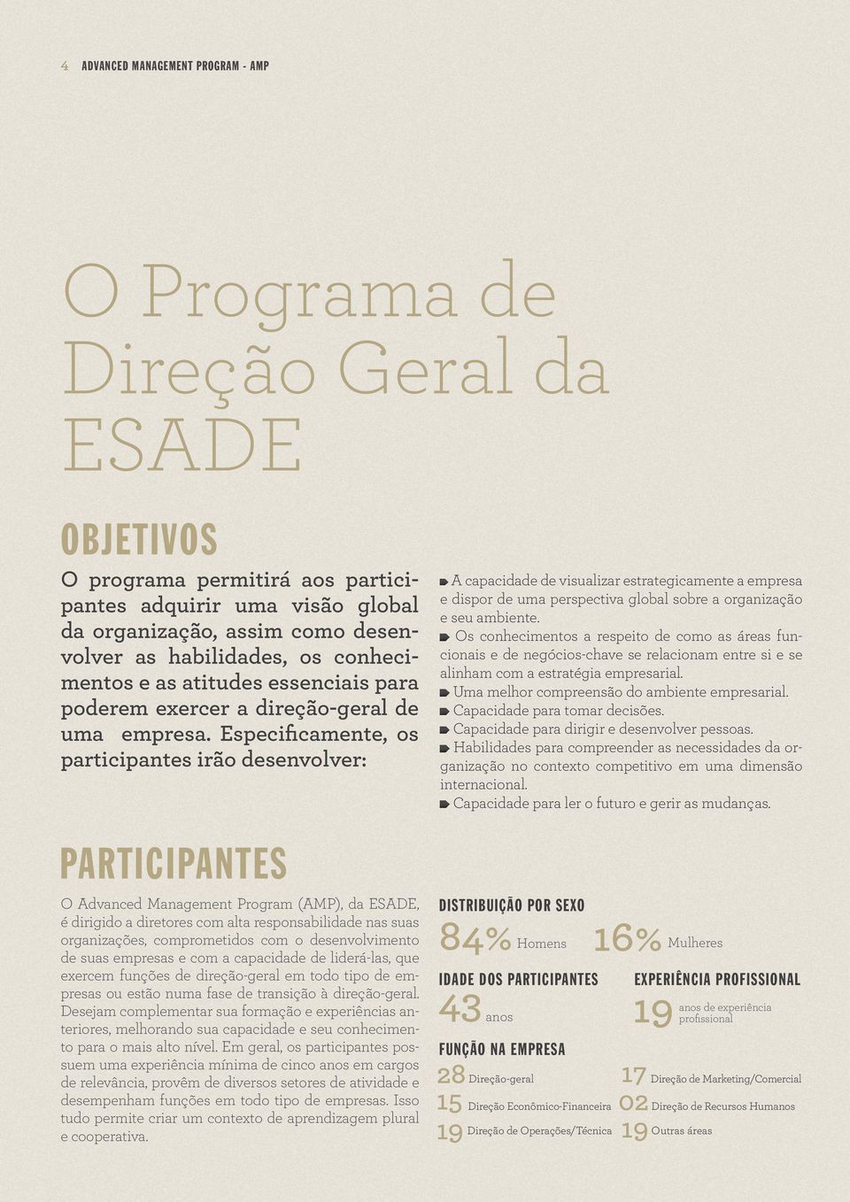 Especificamente, os participantes irão desenvolver: PARTICIPANTES O Advanced Management Program (AMP), da ESADE, é dirigido a diretores com alta responsabilidade nas suas organizações, comprometidos