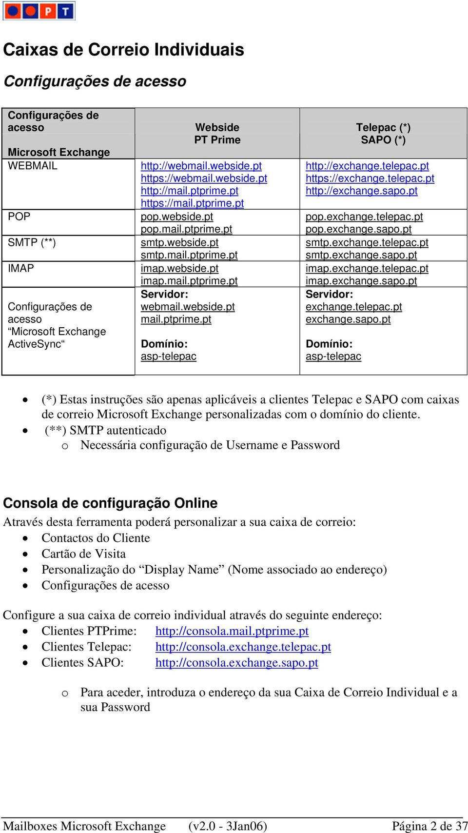 webside.pt mail.ptprime.pt Domínio: asp-telepac Telepac (*) SAPO (*) http://exchange.telepac.pt https://exchange.telepac.pt http://exchange.sapo.pt pop.exchange.telepac.pt pop.exchange.sapo.pt smtp.