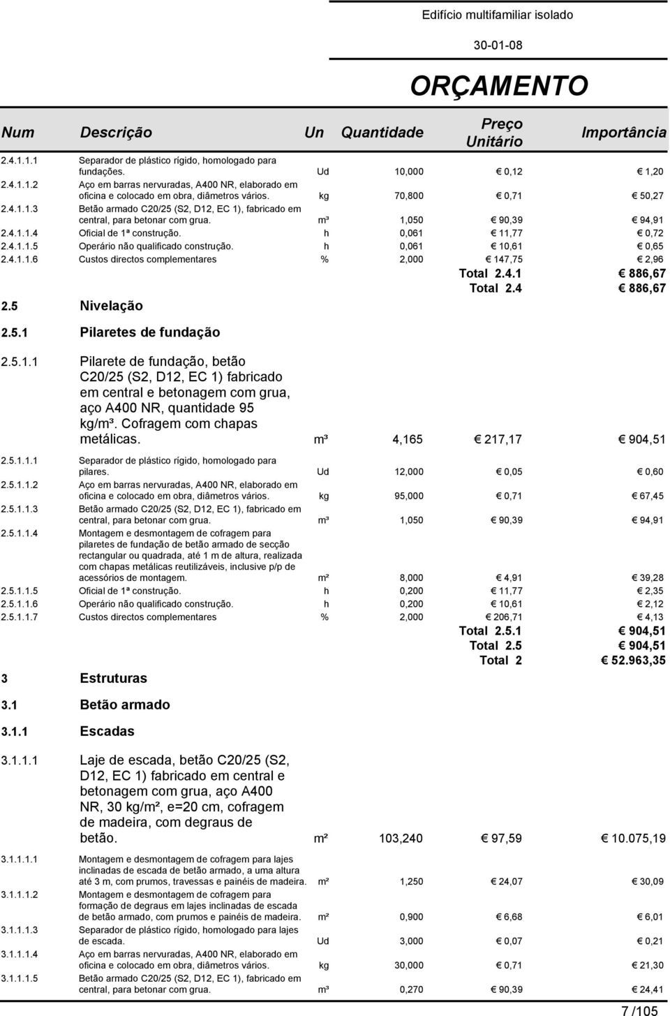 h 0,061 10,61 0,65 2.4.1.1.6 Custos directos complementares % 2,000 147,75 2,96 Total 2.4.1 886,67 Total 2.4 886,67 2.5 Nivelação 2.5.1 Pilaretes de fundação 2.5.1.1 Pilarete de fundação, betão C20/25 (S2, D12, EC 1) fabricado em central e betonagem com grua, aço A400 NR, quantidade 95 kg/m³.