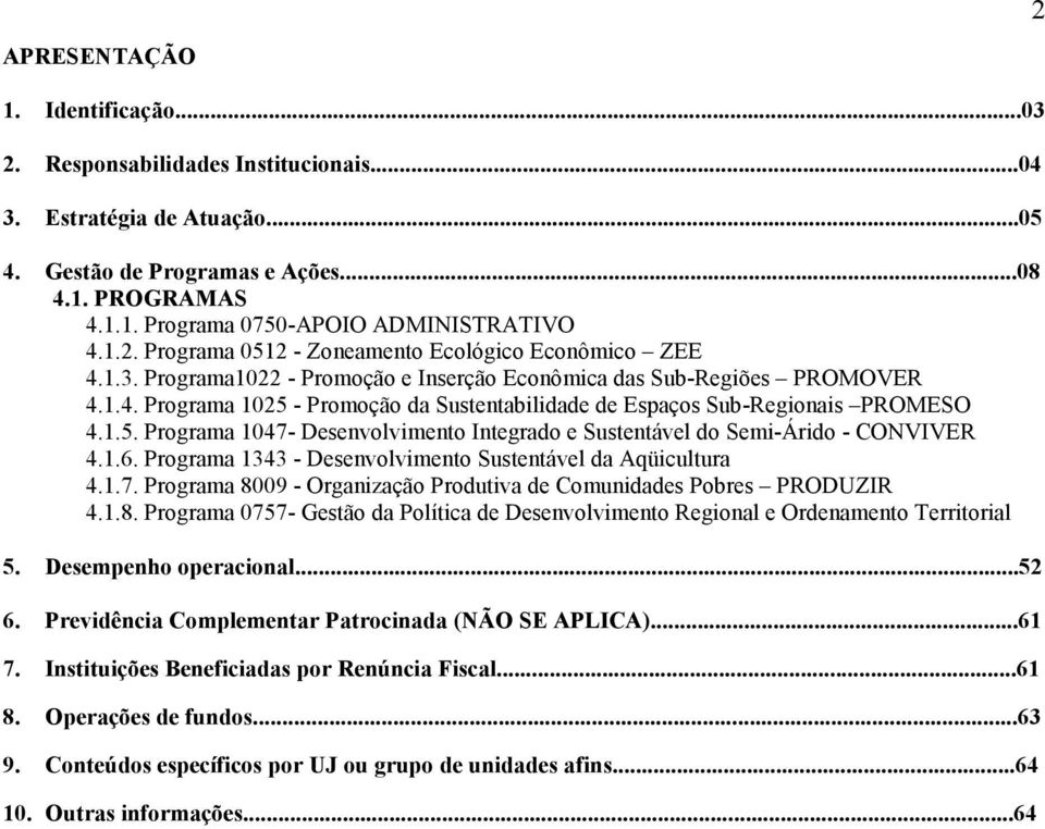 1.5. Programa 1047- Desenvolvimento Integrado e Sustentável do Semi-Árido - CONVIVER 4.1.6. Programa 1343 - Desenvolvimento Sustentável da Aqüicultura 4.1.7. Programa 8009 - Organização Produtiva de Comunidades Pobres PRODUZIR 4.