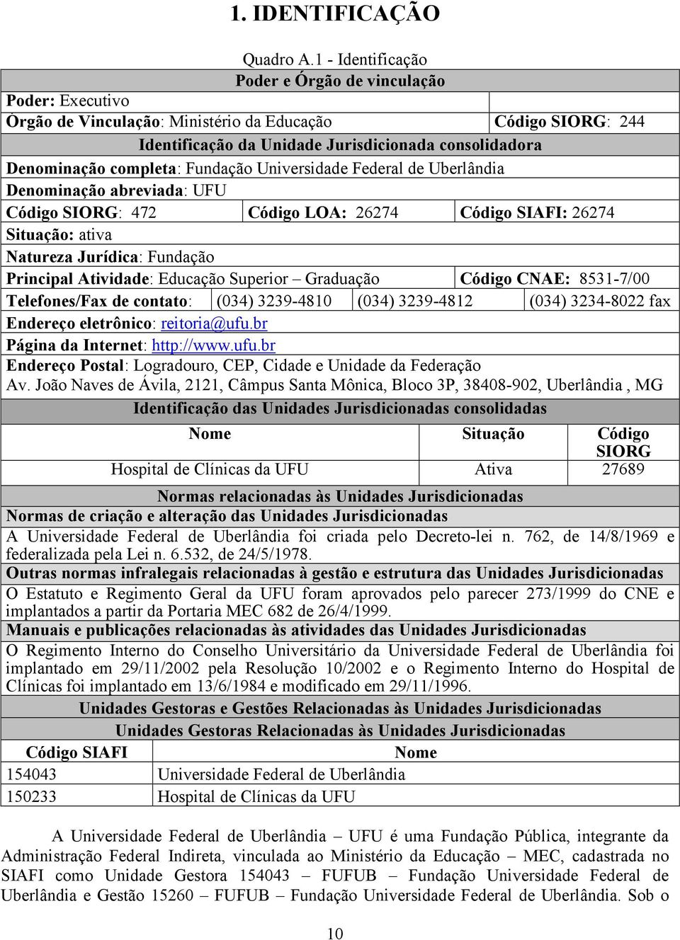 Universidade Federal de Uberlândia Denominação abreviada: UFU : 472 Código LOA: 26274 Código SIAFI: 26274 Situação: ativa Natureza Jurídica: Fundação Principal Atividade: Educação Superior Graduação