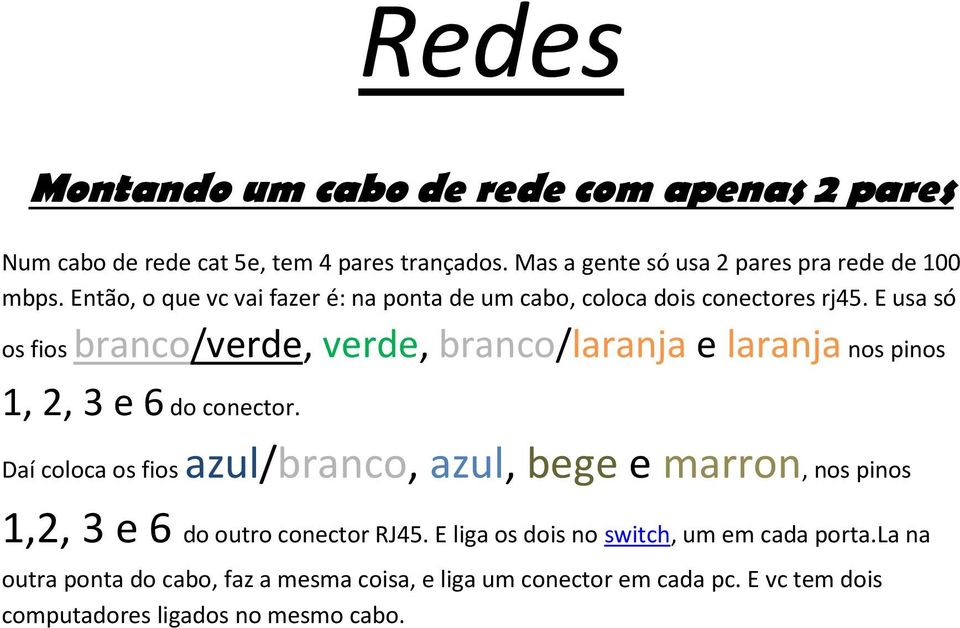 E usa só os fios branco/verde, verde, branco/laranja e laranja nos pinos 1, 2, 3 e 6 do conector.