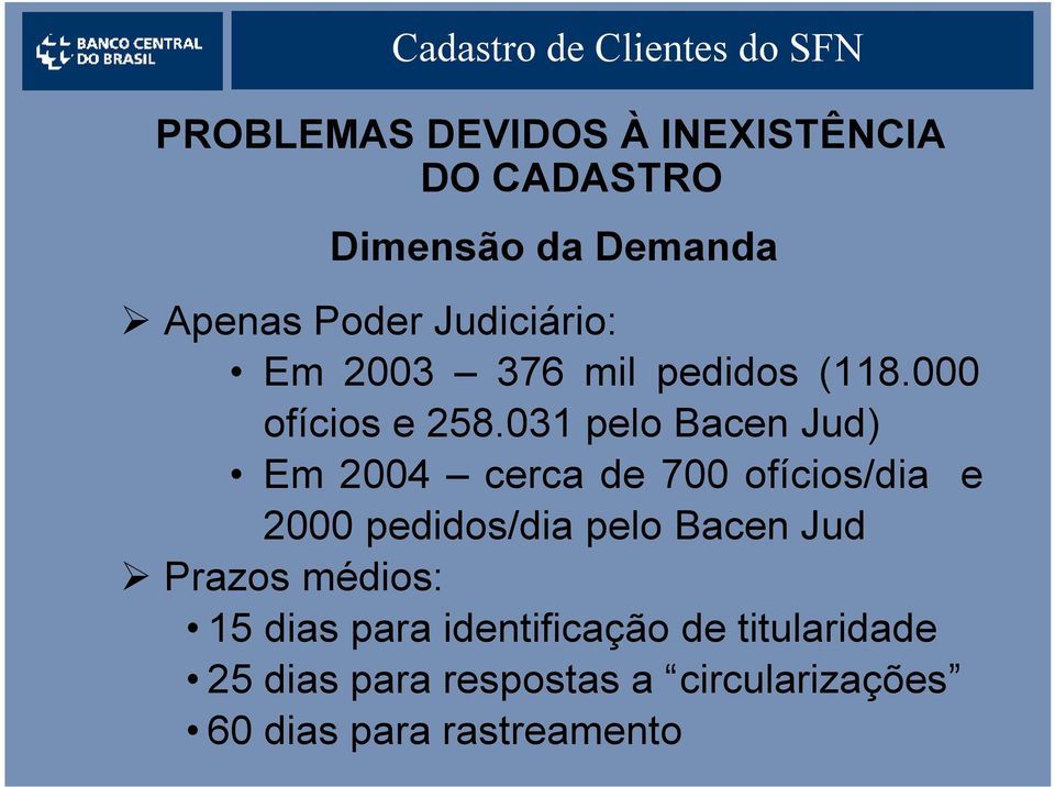 031 pelo Bacen Jud) Em 2004 cerca de 700 ofícios/dia e 2000 pedidos/dia pelo Bacen Jud