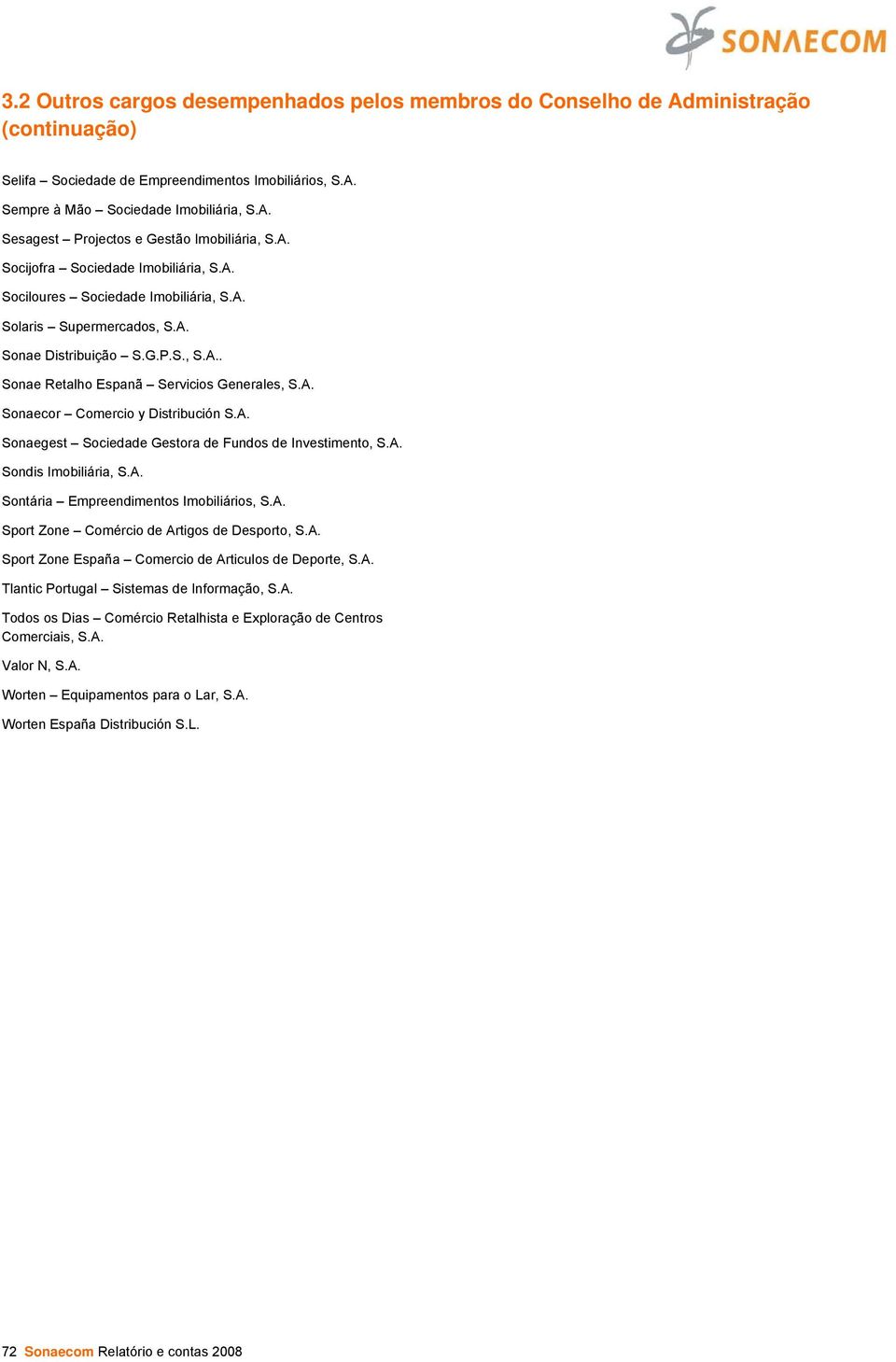 A. Sonaegest Sociedade Gestora de Fundos de Investimento, S.A. Sondis Imobiliária, S.A. Sontária Empreendimentos Imobiliários, S.A. Sport Zone Comércio de Artigos de Desporto, S.A. Sport Zone España Comercio de Articulos de Deporte, S.