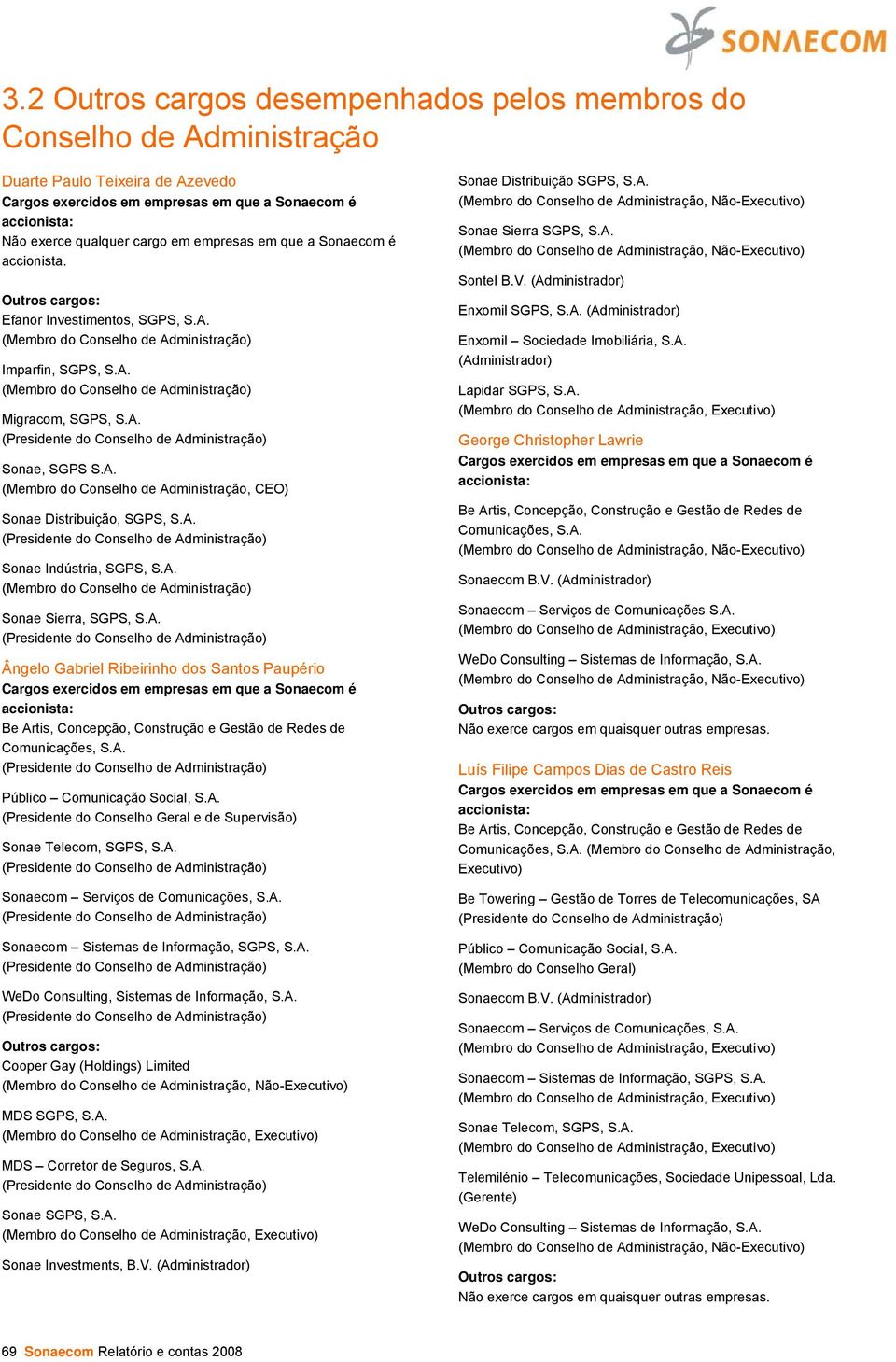 A. (Presidente do Conselho Geral e de Supervisão) Sonae Telecom, SGPS, S.A. Sonaecom Serviços de Comunicações, S.A. Sonaecom Sistemas de Informação, SGPS, S.A. WeDo Consulting, Sistemas de Informação, S.