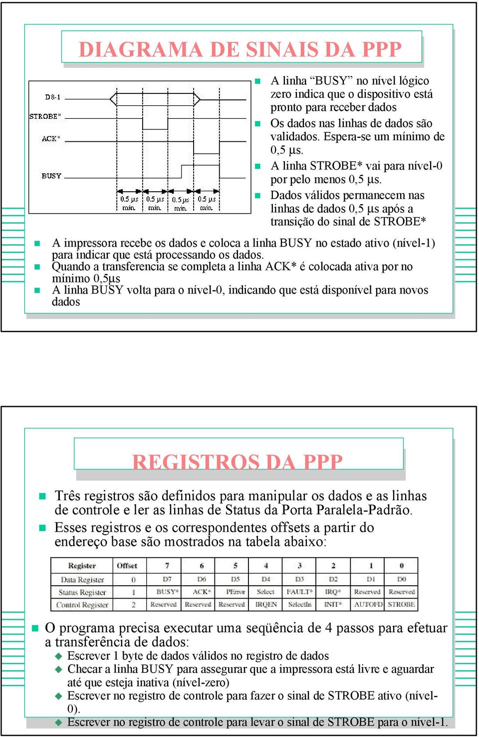 Dados válidos permanecem nas linhas de dados 0,5 µs após a transição do sinal de STROBE* A impressora recebe os dados e coloca a linha BUSY no estado ativo (nível-1) para indicar que está processando