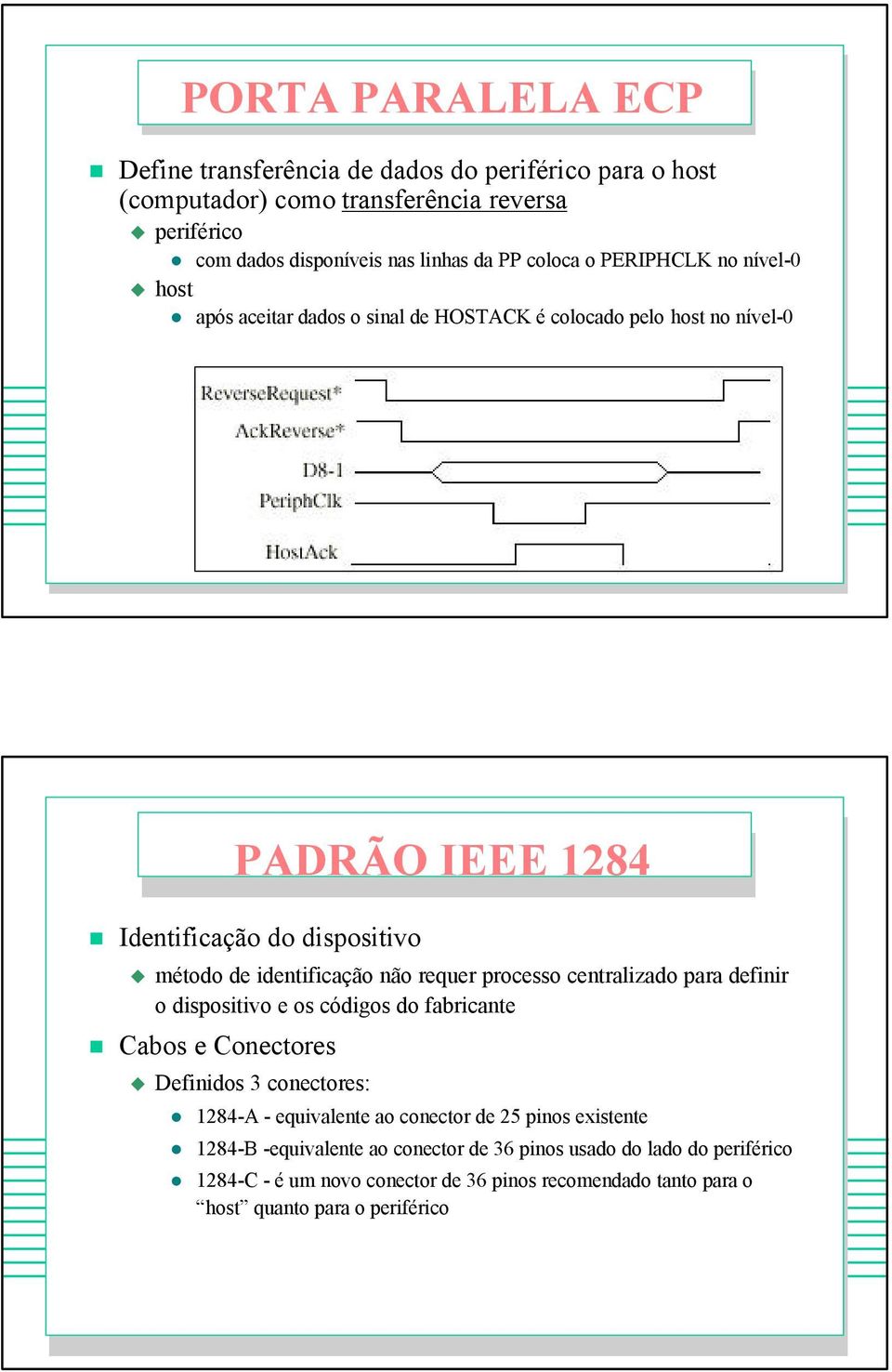 requer processo centralizado para definir o dispositivo e os códigos do fabricante Cabos e Conectores Definidos 3 conectores: 1284-A - equivalente ao conector de 25 pinos