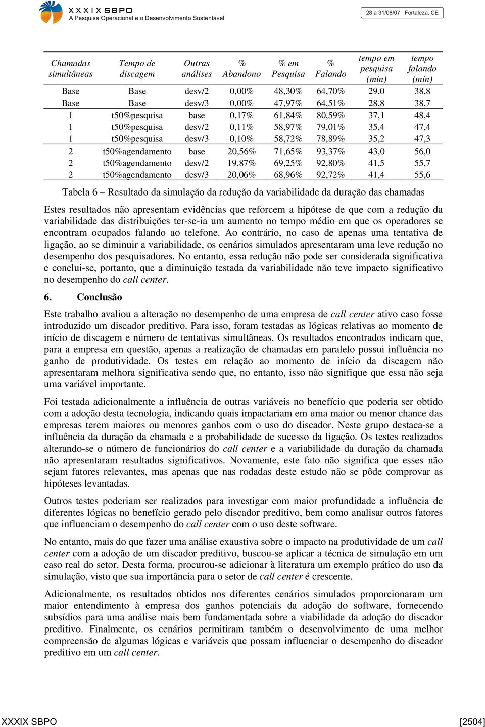 t50agendamento desv/2 19,87 69,25 92,80 41,5 55,7 2 t50agendamento desv/3 20,06 68,96 92,72 41,4 55,6 Tabela 6 Resultado da simulação da redução da variabilidade da duração das chamadas Estes