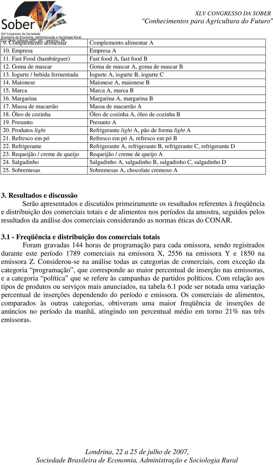 Massa de macarrão Massa de macarrão A 18. Óleo de cozinha Óleo de cozinha A, óleo de cozinha B 19. Presunto Presunto A 20. Produtos light Refrigerante light A, pão de forma light A 21.