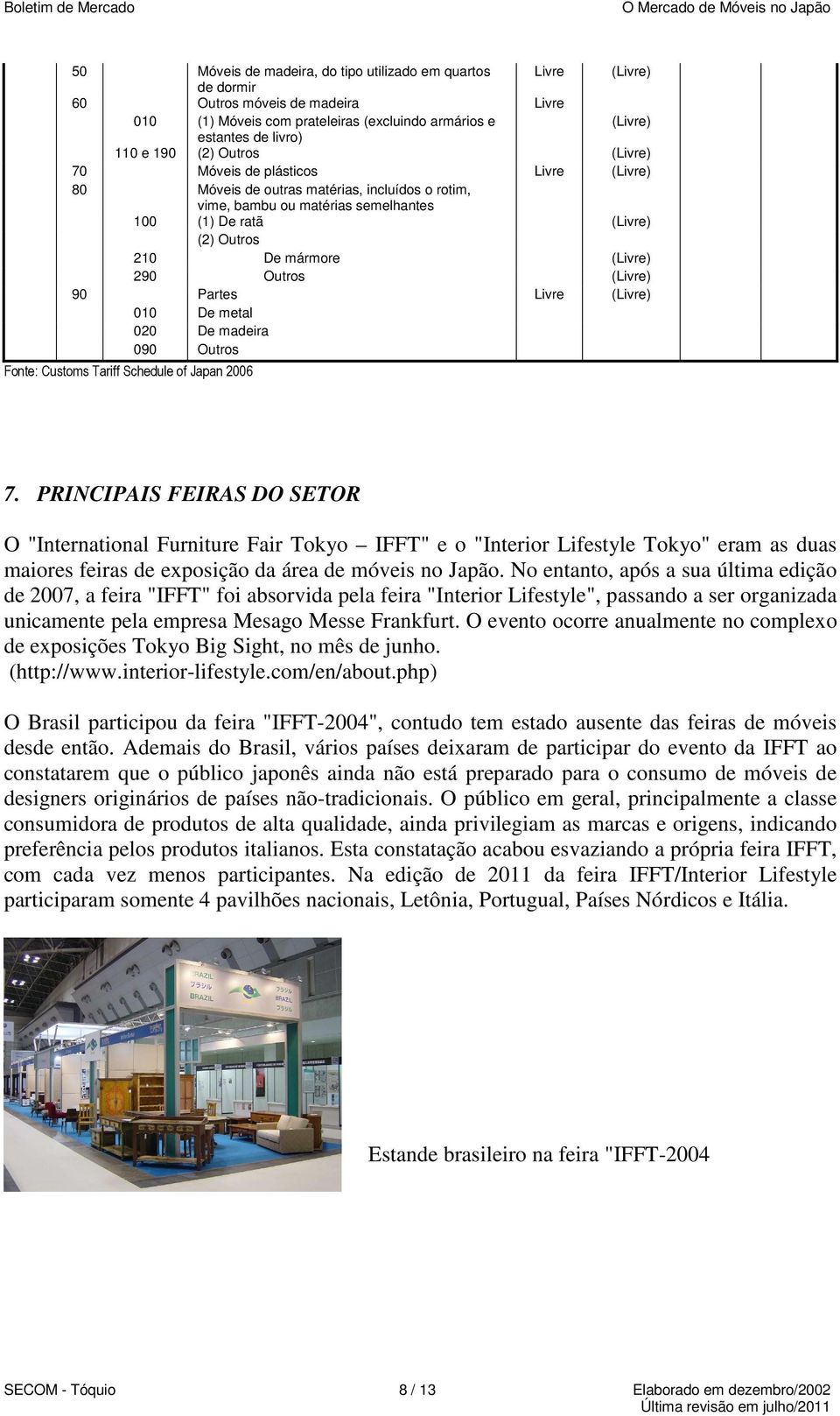 290 Outros (Livre) 90 Partes Livre (Livre) 010 De metal 020 De madeira 090 Outros Fonte: Customs Tariff Schedule of Japan 2006 7.