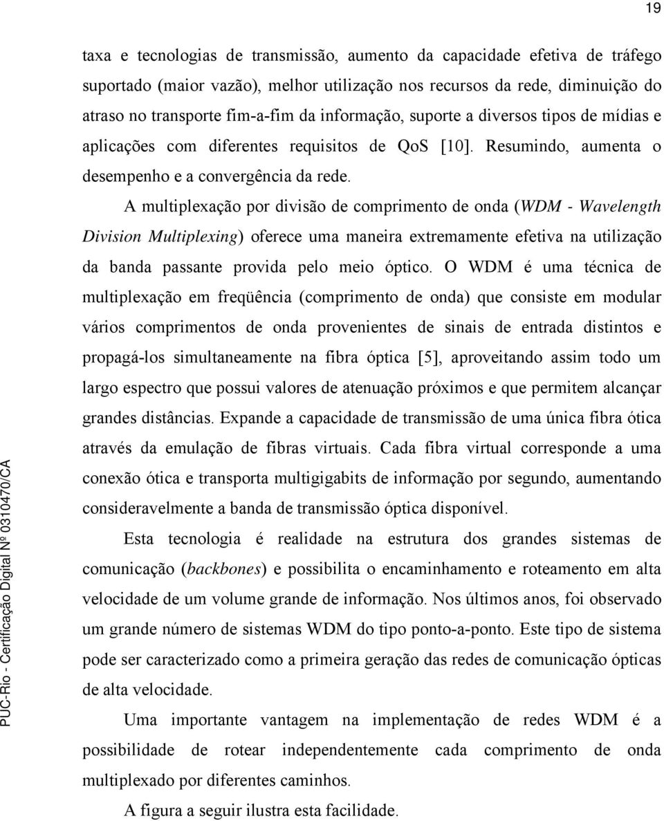 A multiplexação por divisão de comprimento de onda (WDM - Wavelength Division Multiplexing) oferece uma maneira extremamente efetiva na utilização da banda passante provida pelo meio óptico.