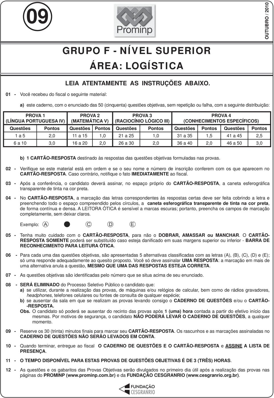 (CONHECIMENTOS ESPECÍFICOS) Questões Pontos Questões Pontos Questões Pontos Questões Pontos Questões Pontos 1 a 5 2,0 11 a 15 1,0 21 a 25 1,0 31 a 35 1,5 41 a 45 2,5 6 a 10 3,0 16 a 20 2,0 26 a 30