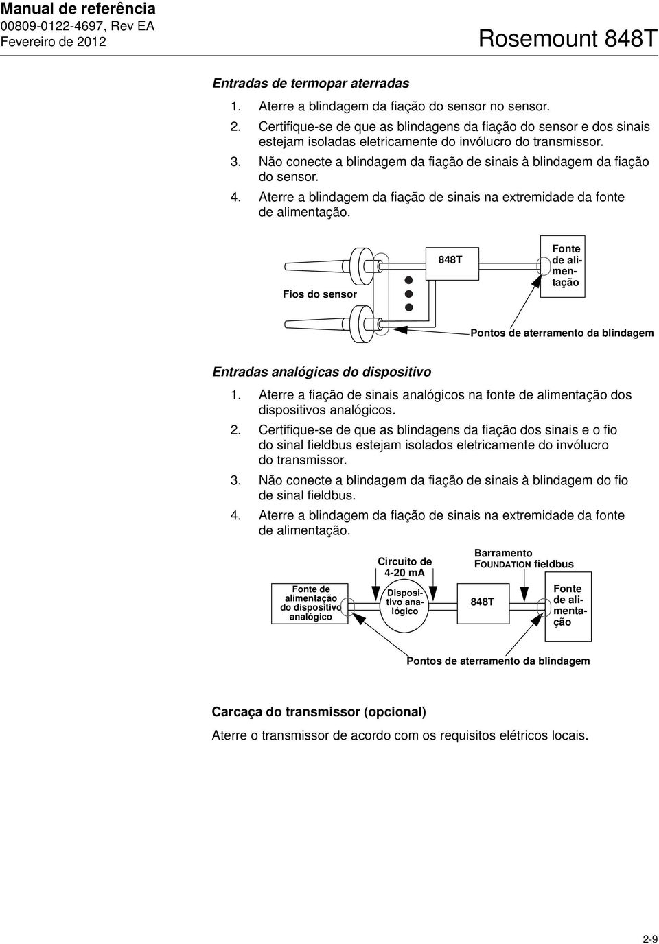 Não conecte a blindagem da fiação de sinais à blindagem da fiação do sensor. 4. Aterre a blindagem da fiação de sinais na extremidade da fonte de alimentação.