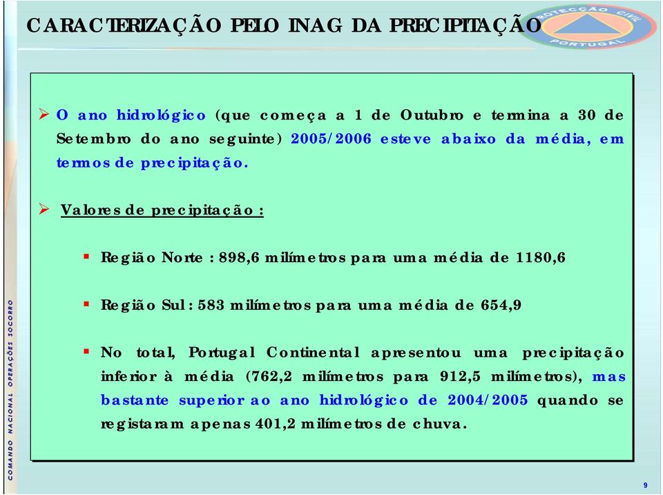 Valores de precipitação : Região Norte : 898,6 milímetros para uma média de 1180,6 Região Sul : 583 milímetros para uma média de 654,9 No