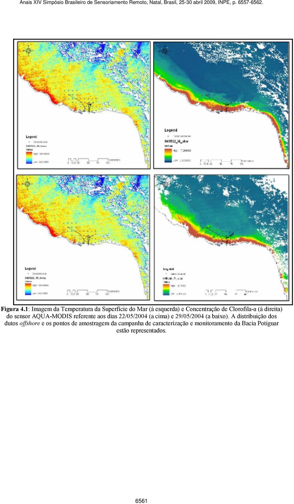 Clorofila-a (à direita) do sensor AQUA-MODIS referente aos dias 22/05/2004 (a cima) e