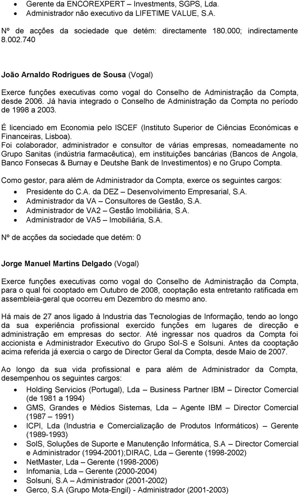 Já havia integrado o Conselho de Administração da Compta no período de 1998 a 2003. É licenciado em Economia pelo ISCEF (Instituto Superior de Ciências Económicas e Financeiras, Lisboa).
