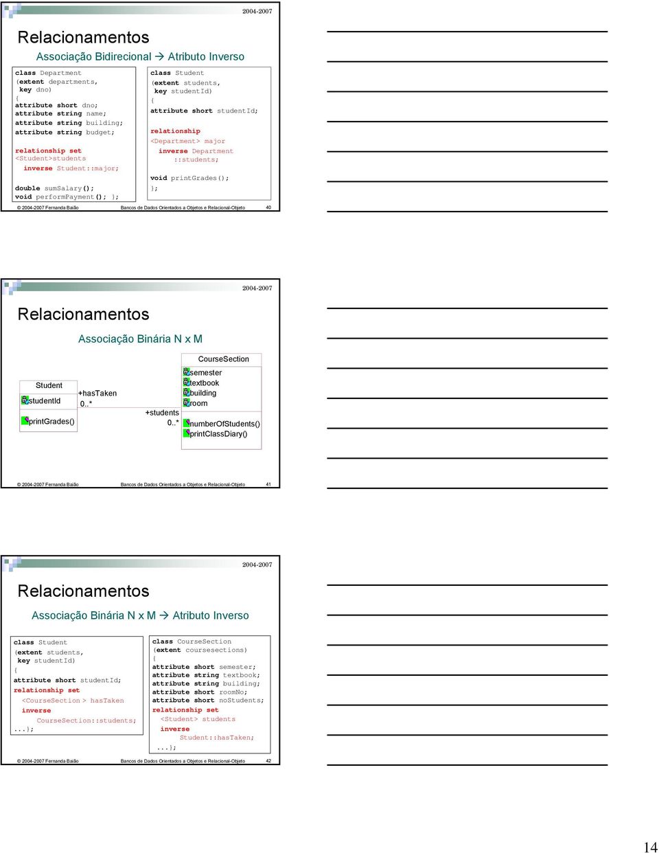 Fernanda Baião Bancos de Dados Orientados a Objetos e Relacional-Objeto 40 Relaciontos Associação Binária N x M CourseSection studentid printgrades() +hastaken +students semester textbook building