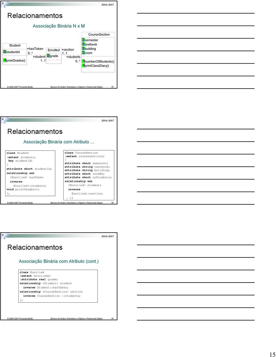 .. class (extent students, key studentid) attribute short studentid; relationship set <Enrolled hastaken inverse Enrolled::students; void printgrades(); }; class CourseSection (extent coursesections)