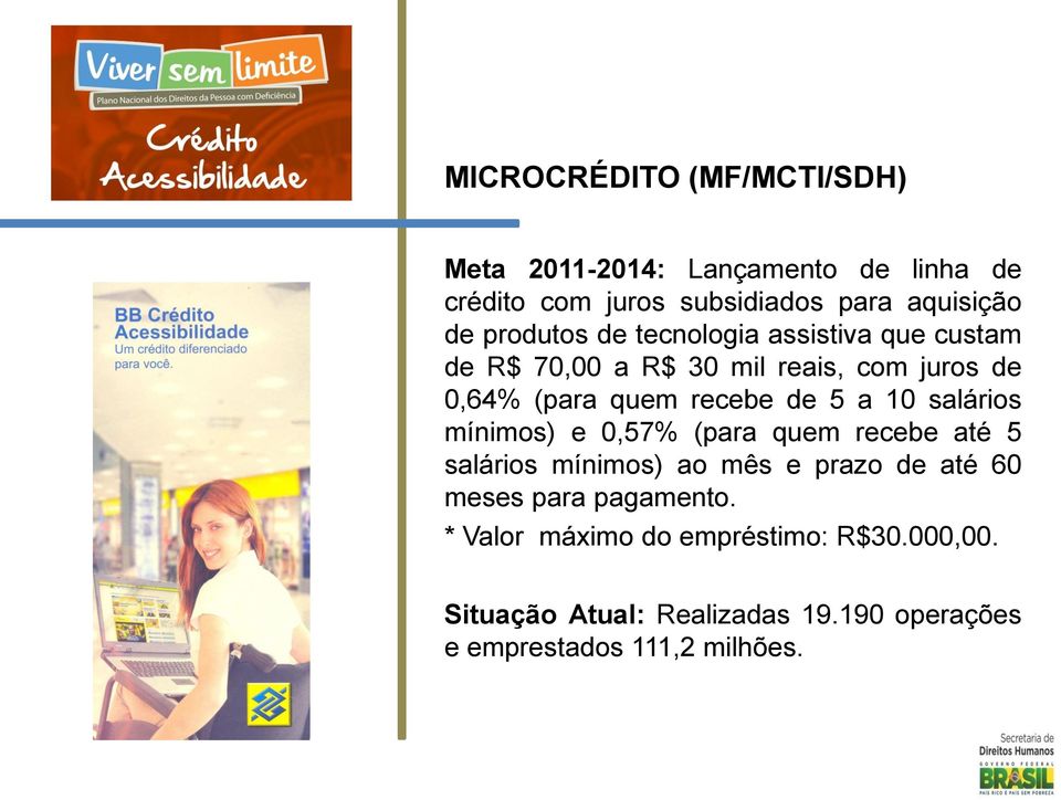 a 10 salários mínimos) e 0,57% (para quem recebe até 5 salários mínimos) ao mês e prazo de até 60 meses para