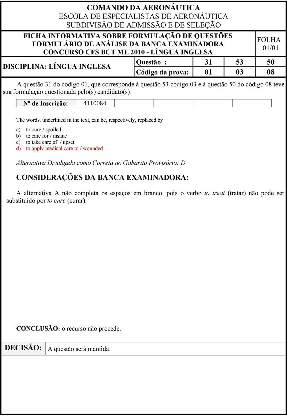 insane c) to take care of / upset d) to apply medical care to / wounded Alternativa Divulgada como Correta no Gabarito