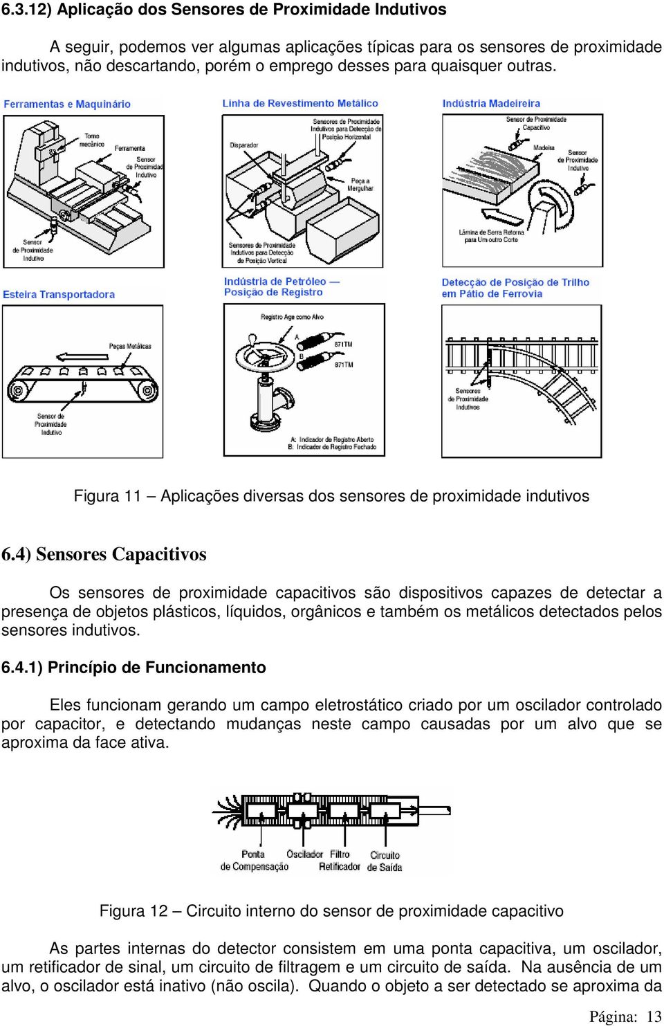 4) Sensores Capacitivos Os sensores de proximidade capacitivos são dispositivos capazes de detectar a presença de objetos plásticos, líquidos, orgânicos e também os metálicos detectados pelos