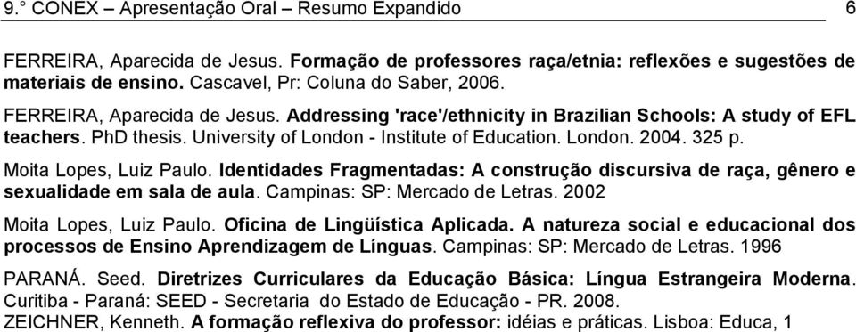 Moita Lopes, Luiz Paulo. Identidades Fragmentadas: A construção discursiva de raça, gênero e sexualidade em sala de aula. Campinas: SP: Mercado de Letras. 2002 Moita Lopes, Luiz Paulo.