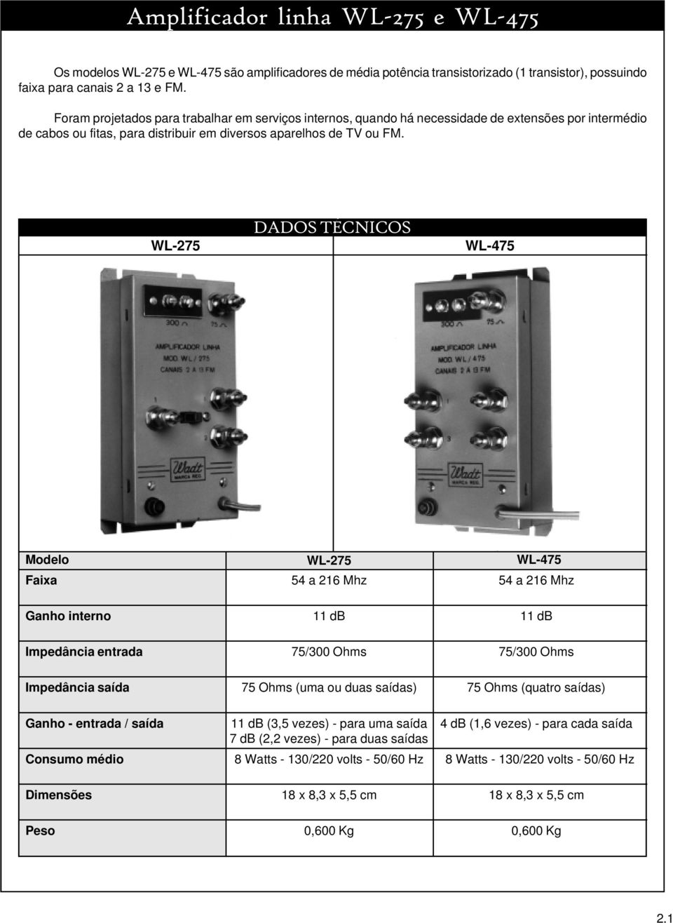 WL-275 DADOS TÉCNICOS WL-475 Modelo WL-275 54 a 216 Mhz WL-475 54 a 216 Mhz Ganho interno 11 db 11 db Impedância entrada 75/300 Ohms 75/300 Ohms Impedância saída 75 Ohms (uma ou duas saídas) 75 Ohms