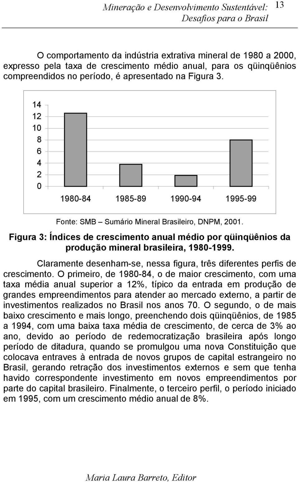 Figura 3: Índices de crescimento anual médio por qüinqüênios da produção mineral brasileira, 1980-1999. Claramente desenham-se, nessa figura, três diferentes perfis de crescimento.