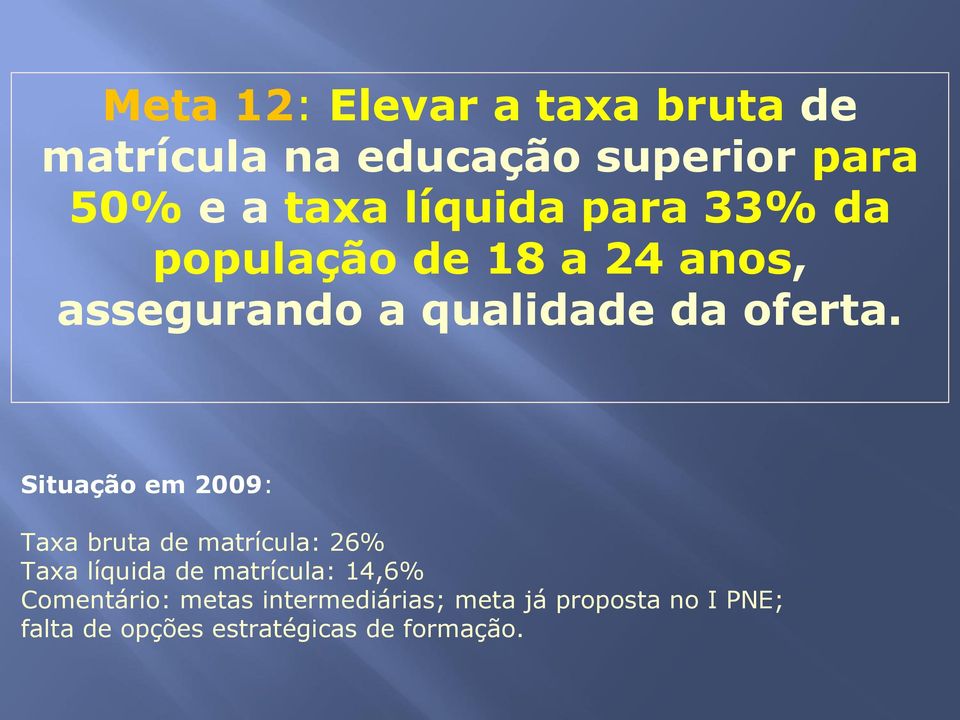 Situação em 2009: Taxa bruta de matrícula: 26% Taxa líquida de matrícula: 14,6%