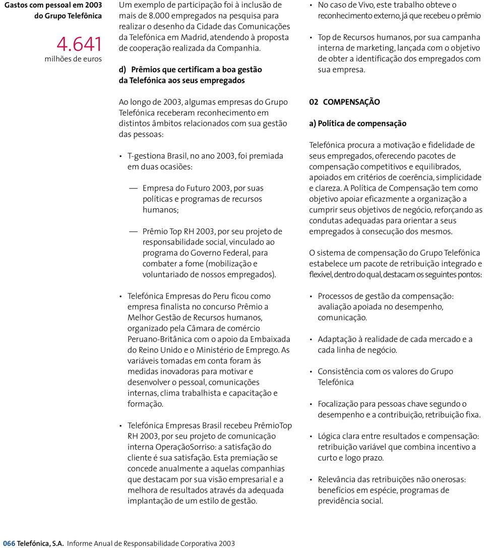 d) Prêmios que certificam a boa gestão da Telefónica aos seus empregados Ao longo de 2003, algumas empresas do Grupo Telefónica receberam reconhecimento em distintos âmbitos relacionados com sua