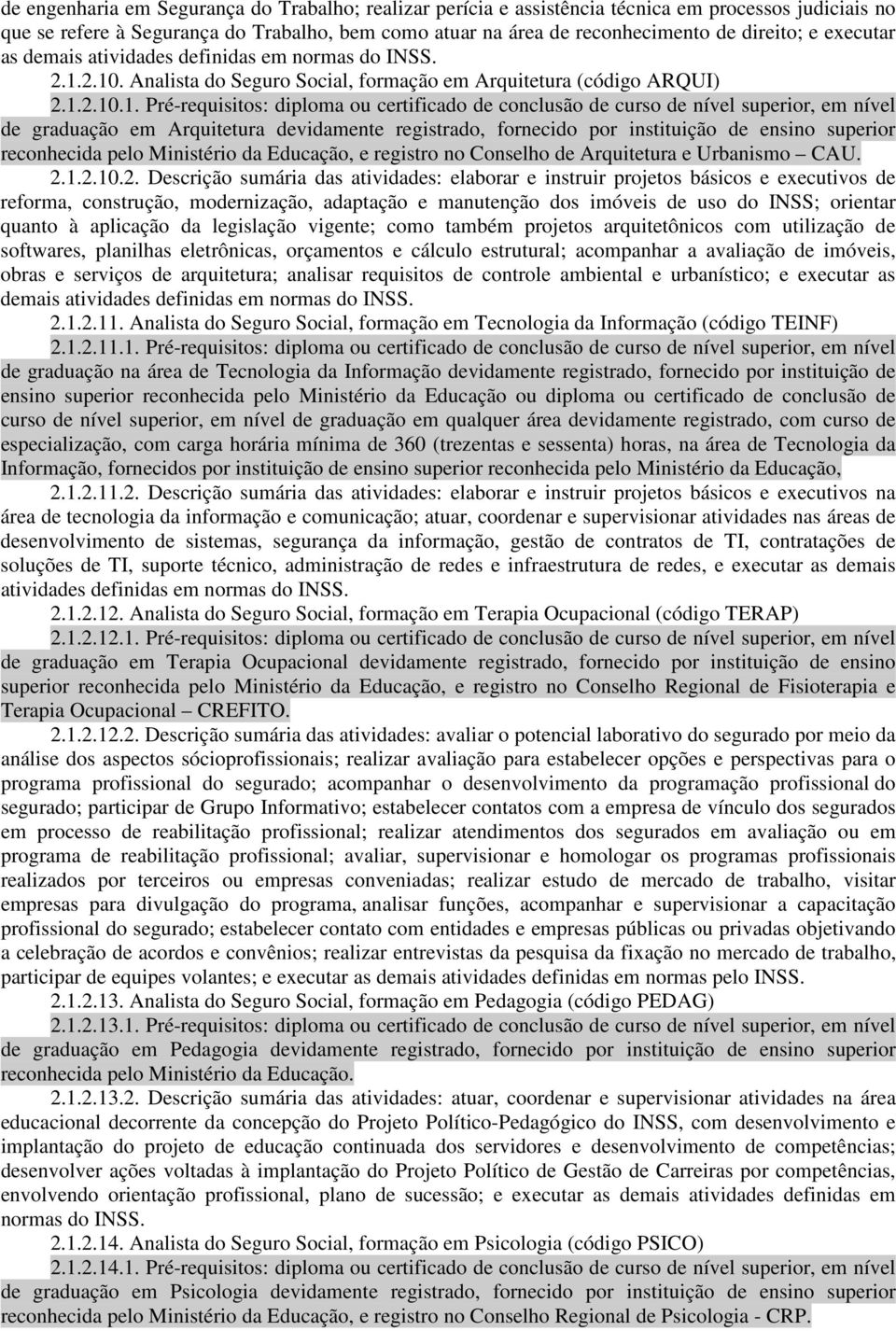 2.10. Analista do Seguro Social, formação em Arquitetura (código ARQUI) 2.1.2.10.1. Pré-requisitos: diploma ou certificado de conclusão de curso de nível superior, em nível de graduação em