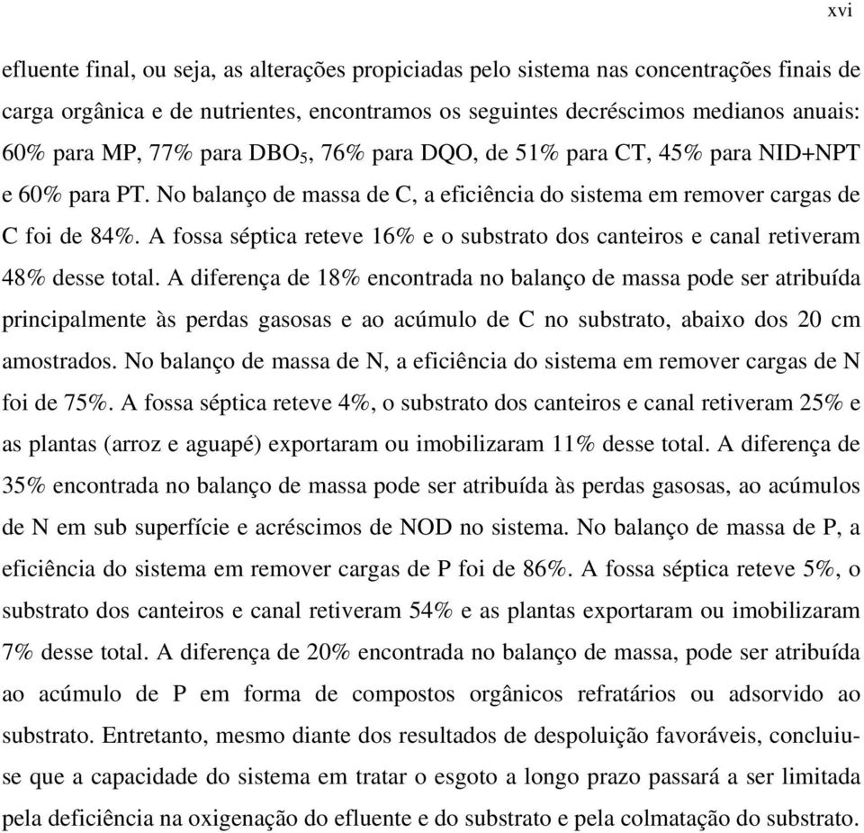 A fossa séptica reteve 16% e o substrato dos canteiros e canal retiveram 48% desse total.