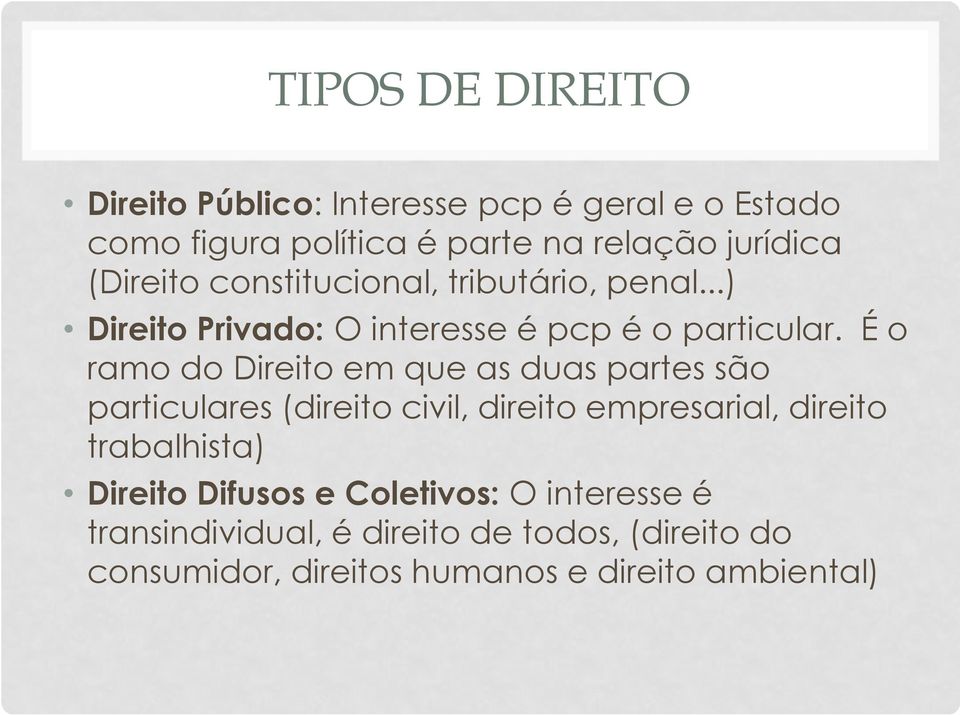 É o ramo do Direito em que as duas partes são particulares (direito civil, direito empresarial, direito trabalhista)