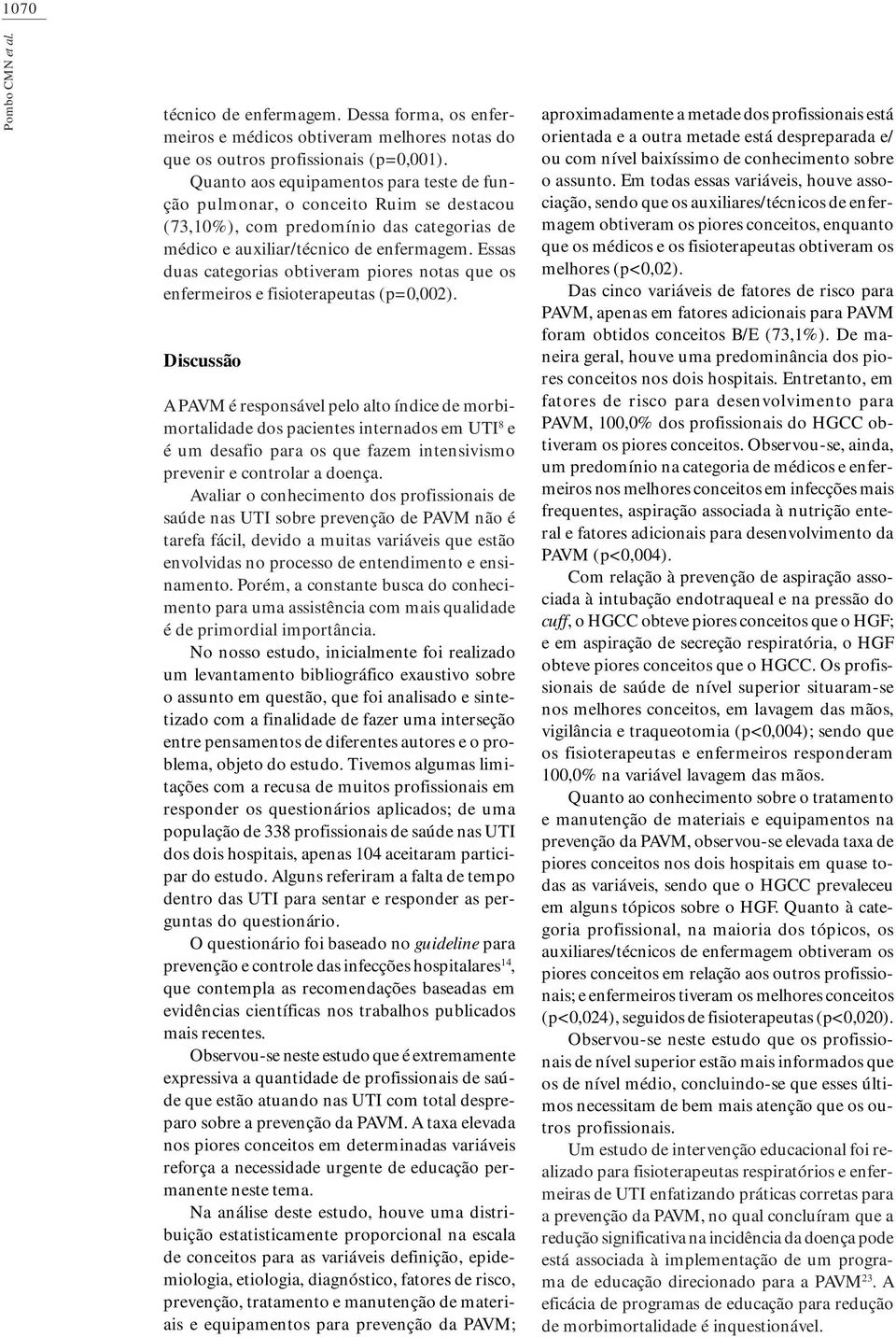 Essas duas categorias obtiveram piores notas que os enfermeiros e fisioterapeutas (p=0,00).