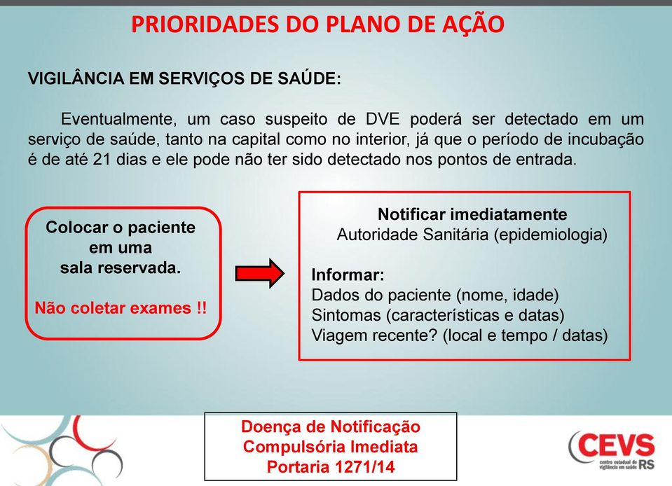 Colocar o paciente em uma sala reservada. Não coletar exames!