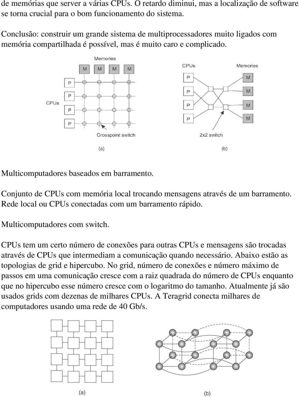 Conjunto de CPUs com memória local trocando mensagens através de um barramento. Rede local ou CPUs conectadas com um barramento rápido. Multicomputadores com switch.