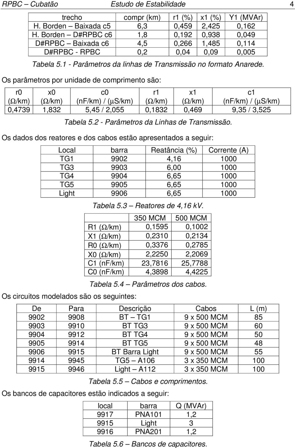 Os parâmetros por unidade de comprimento são: r x c r x c (Ω/km) (Ω/km) (nf/km) / (µs/km) (Ω/km) (Ω/km) (nf/km) / (µs/km),4739,83 5,45 /,55,83,469 9,35 / 3,55 Tabela 5.