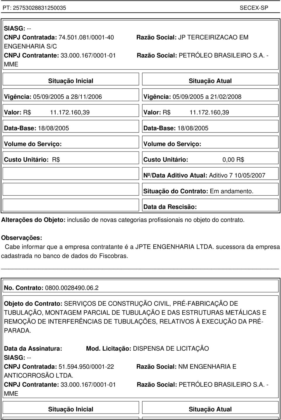 10/05/2007 Situação do Contrato: Em andamento. Data da Rescisão: Alterações do Objeto: inclusão de novas categorias profissionais no objeto do contrato.