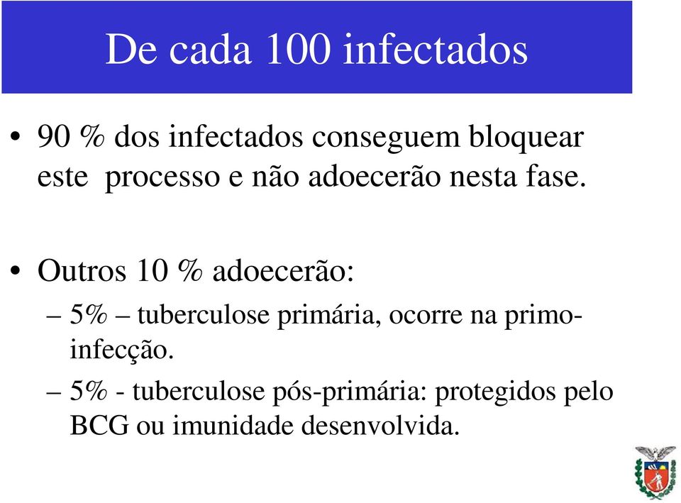 Outros 10 % adoecerão: 5% tuberculose primária, ocorre na