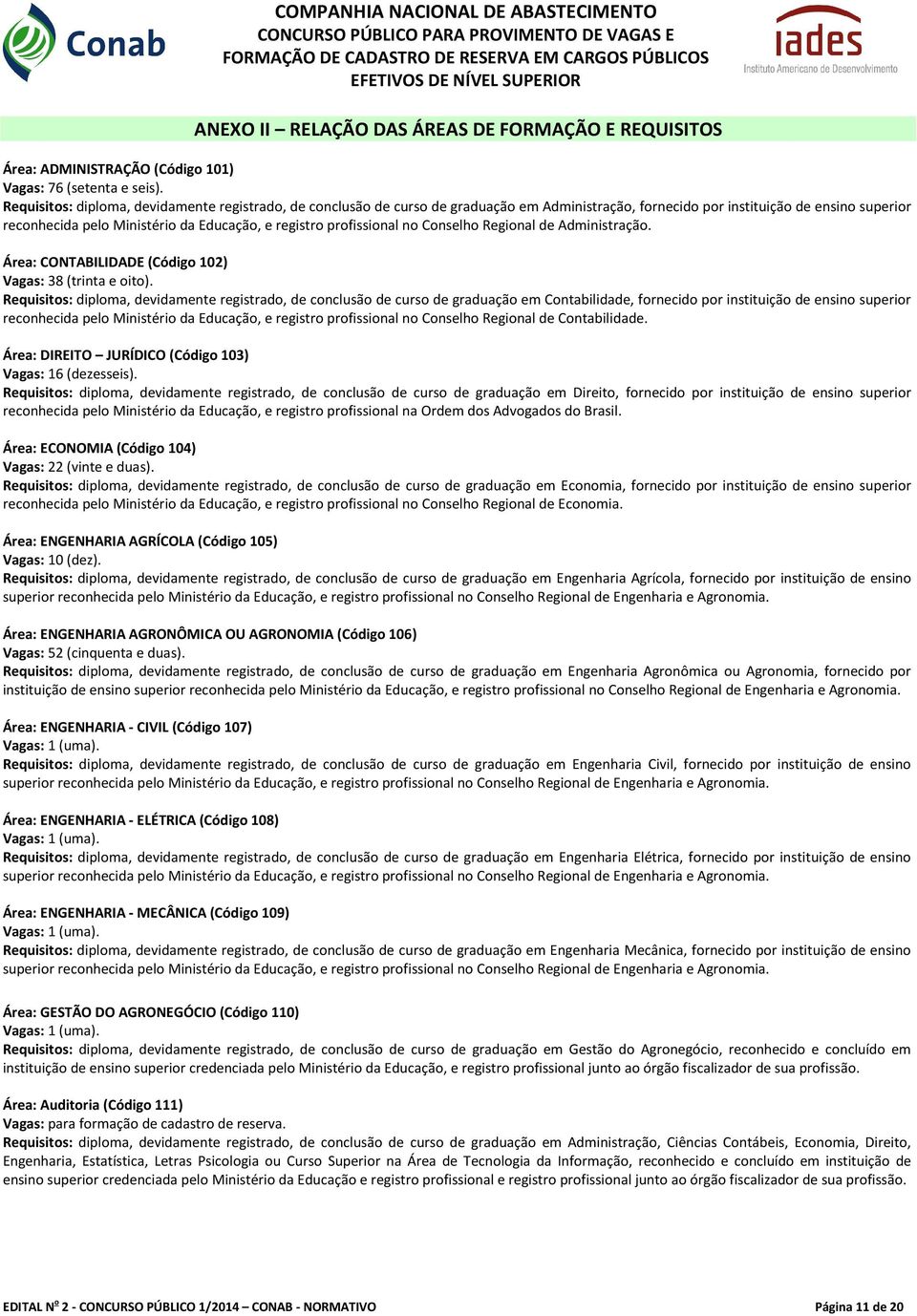 Requisitos: diploma, devidamente registrado, de conclusão de curso de graduação em Administração, fornecido por instituição de ensino superior reconhecida pelo Ministério da Educação, e registro