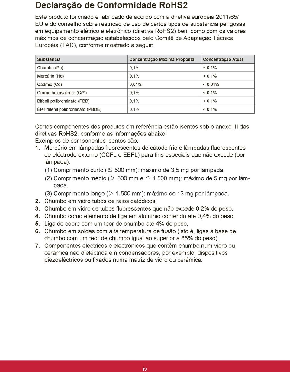 Substância Concentração Máxima Proposta Concentração Atual Chumbo (Pb) 0,1% < 0,1% Mercúrio (Hg) 0,1% < 0,1% Cádmio (Cd) 0,01% < 0,01% Cromo hexavalente (Cr 6+ ) 0,1% < 0,1% Bifenil polibrominato