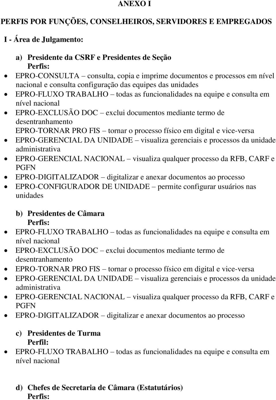 desentranhamento EPRO-TORNAR PRO FIS tornar o processo físico em digital e vice-versa EPRO-GERENCIAL DA UNIDADE visualiza gerenciais e processos da unidade administrativa EPRO-GERENCIAL NACIONAL