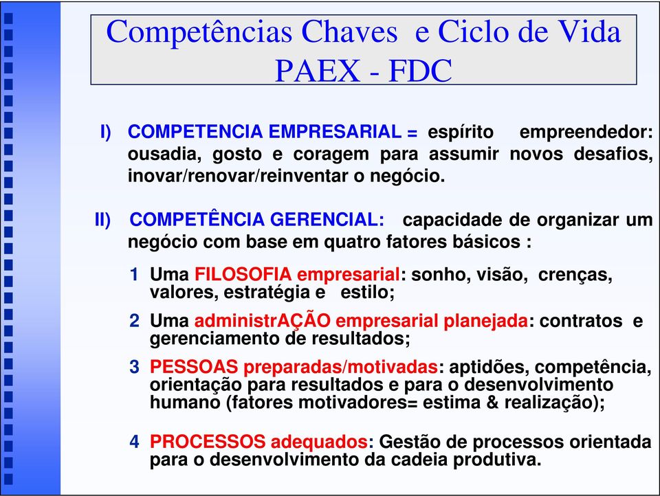 II) COMPETÊNCIA GERENCIAL: capacidade de organizar um negócio com base em quatro fatores básicos : 1 Uma FILOSOFIA empresarial: sonho, visão, crenças, valores, estratégia e