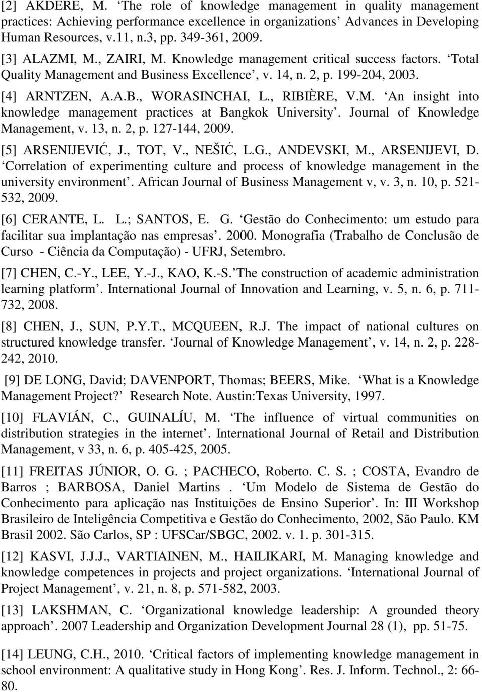 , RIBIÈRE, V.M. An insight into knowledge management practices at Bangkok University. Journal of Knowledge Management, v. 13, n. 2, p. 127-144, 2009. [5] ARSENIJEVIĆ, J., TOT, V., NEŠIĆ, L.G.