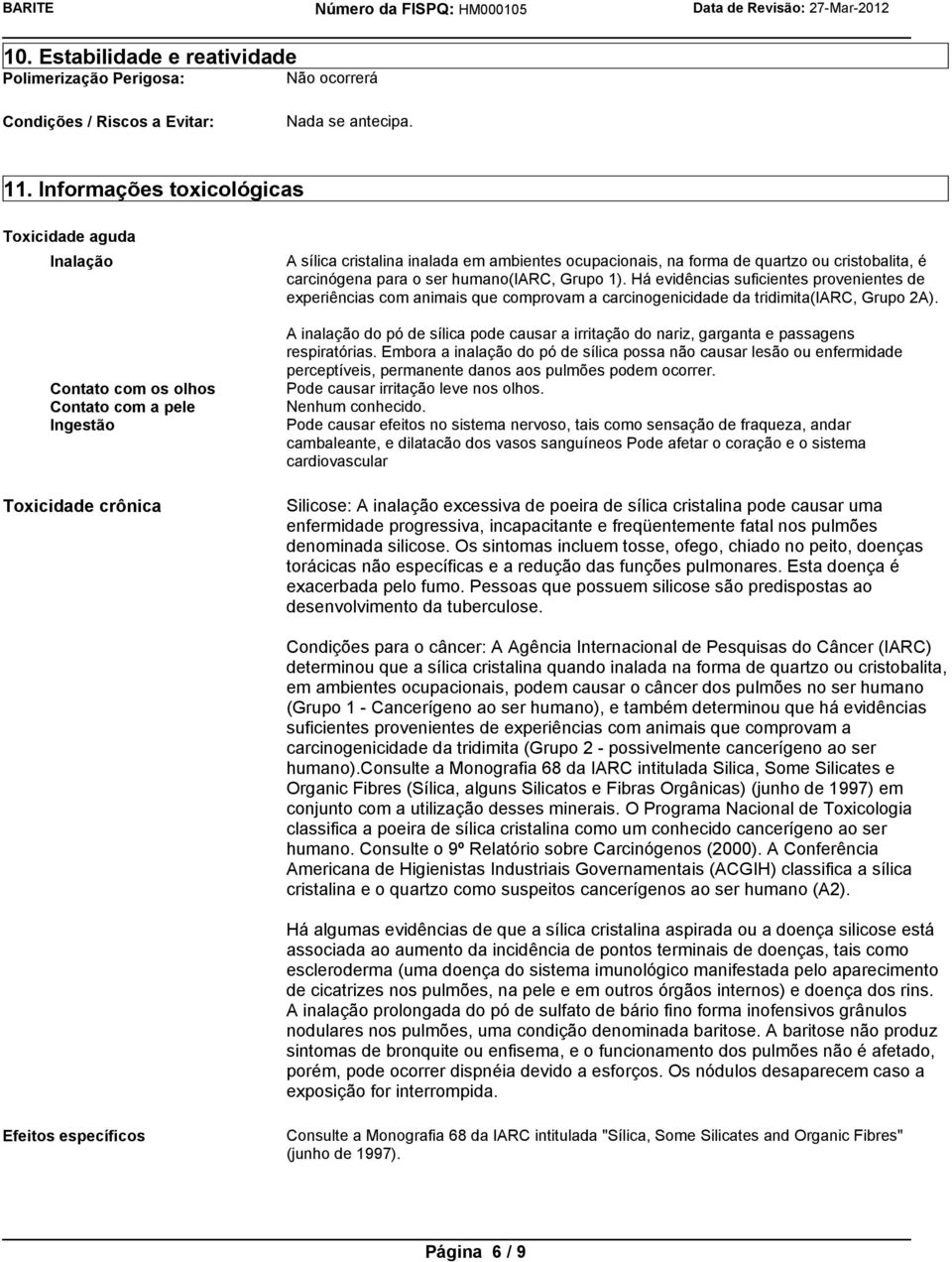 cristobalita, é carcinógena para o ser humano(iarc, Grupo 1). Há evidências suficientes provenientes de experiências com animais que comprovam a carcinogenicidade da tridimita(iarc, Grupo 2A).