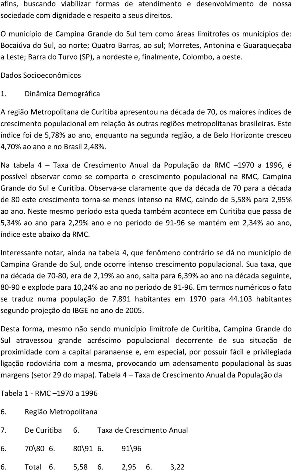 nordeste e, finalmente, Colombo, a oeste. Dados Socioeconômicos 1.