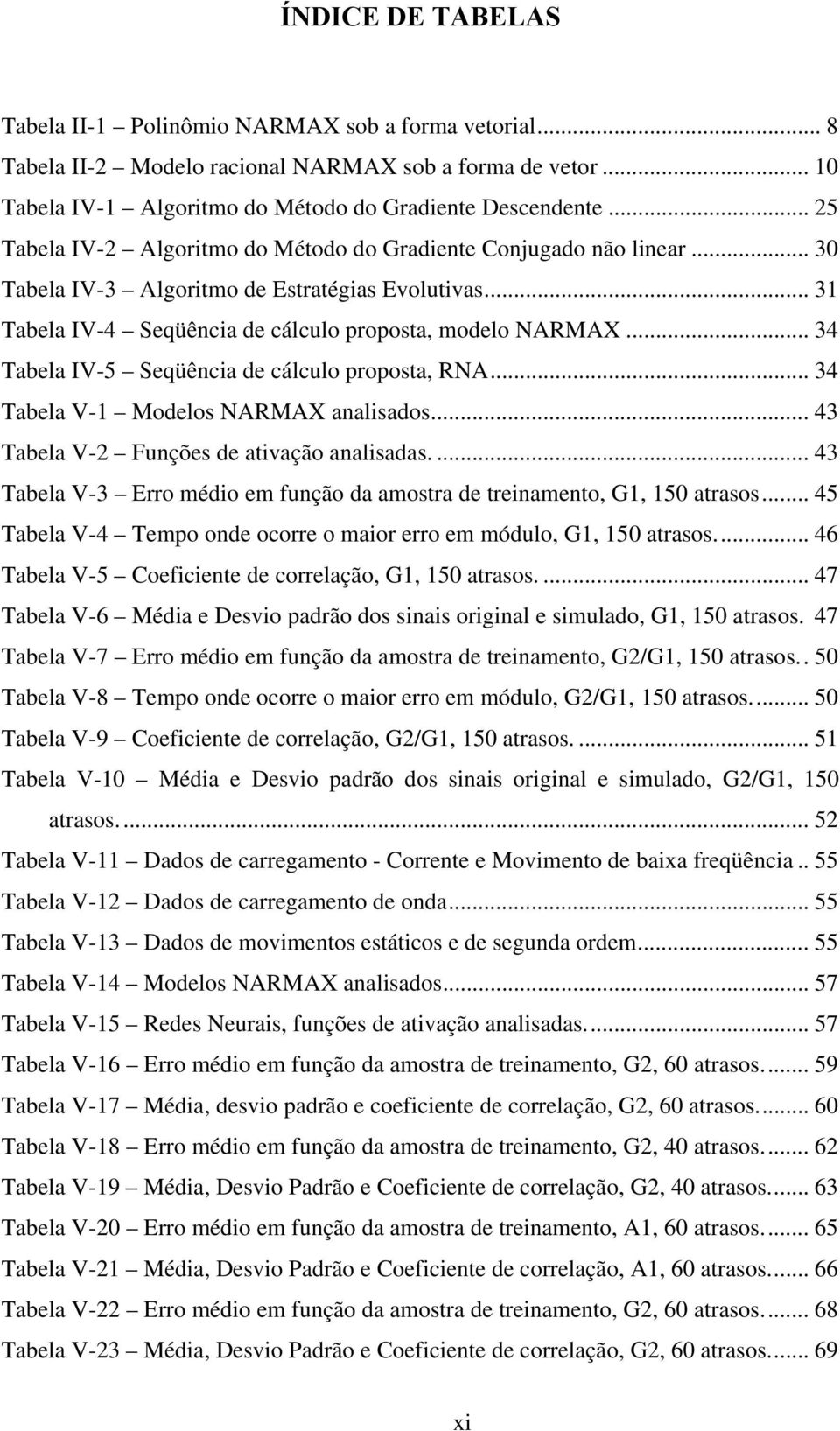 .. 34 Tabela IV-5 Seqüência de cálculo proposta, RNA... 34 Tabela V-1 Modelos NARMAX analisados... 43 Tabela V-2 Funções de ativação analisadas.